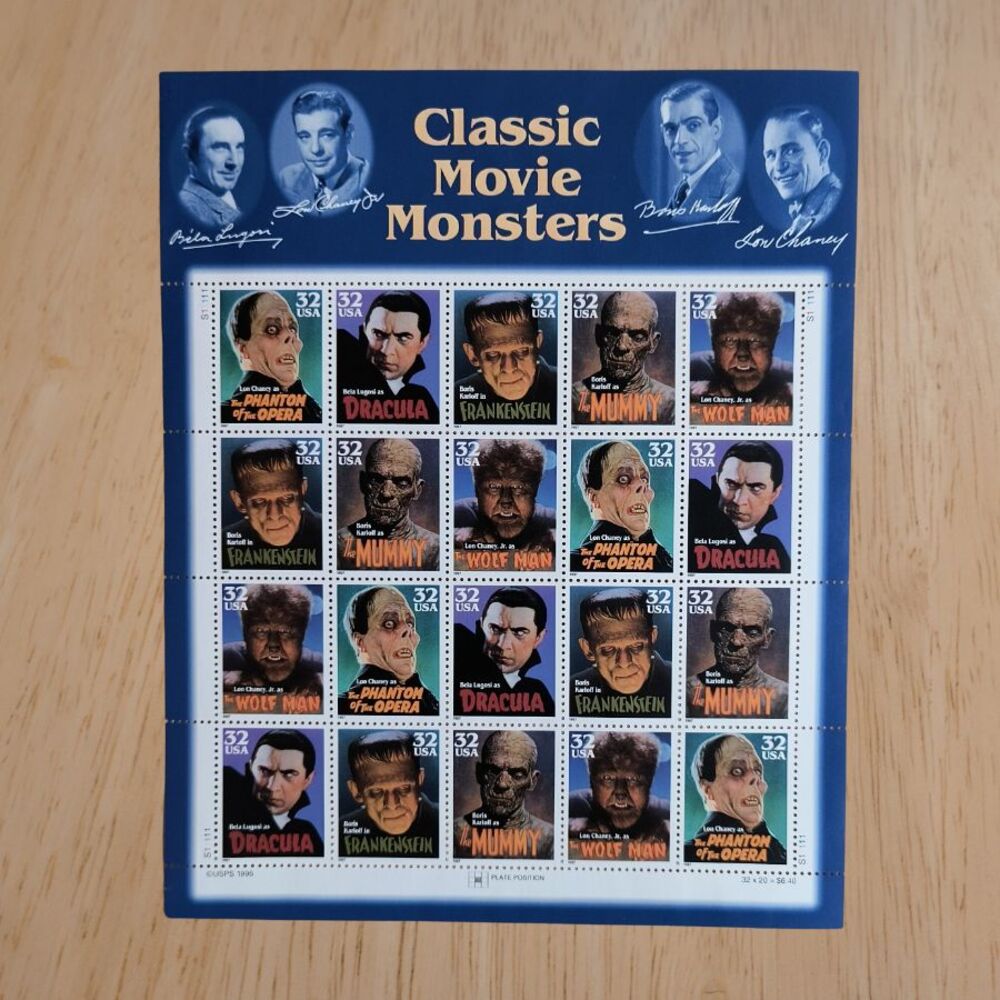 Vintage 1996 USPS Classic Movie Monsters 32¢ Stamp Sheet Mint NH Collectible